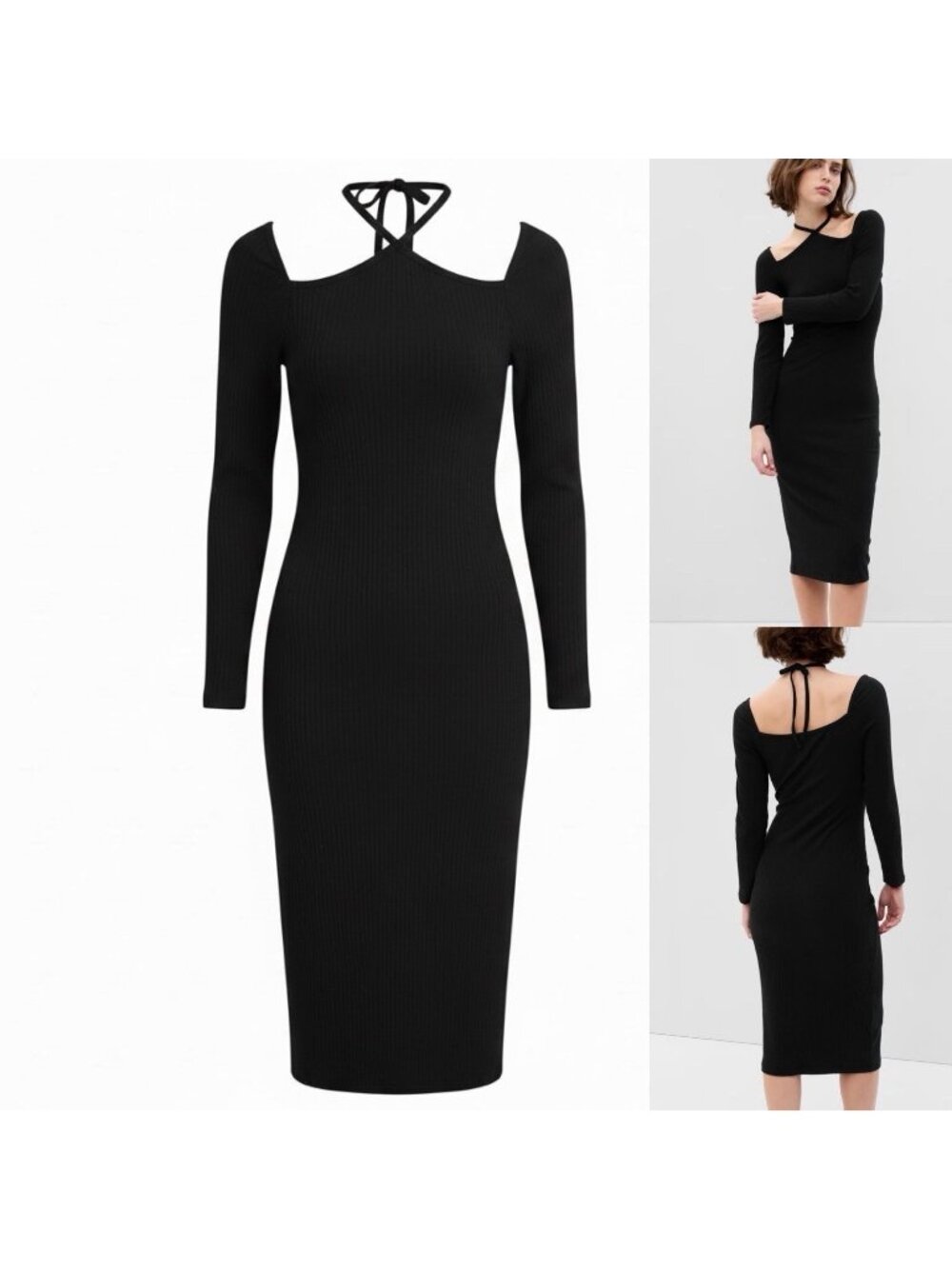 GAP Rib Knit Midi Cross Neck Dress Size Large Halter Tie Cold Shoulder 548327